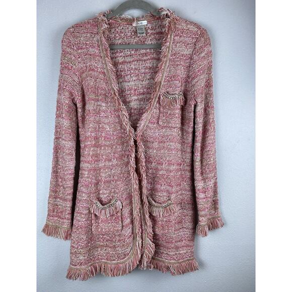 Vintage Cache Sz S Pink Boucle Tweed Fringe LS Front Hook Chain Pockets Jacket - Picture 1 of 8